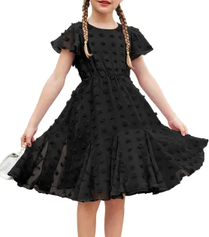 Arshiner Girls Girly Dress Swiss Dot Ruffle Short Sleeve Twirly Cute Dresses for 5-12 Years Old