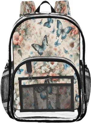 Artistic Butterfly Flowers Clear Backpack with Back Print, Heavy Duty See Through Backpacks PVC Transparent Daypack for Travel Security