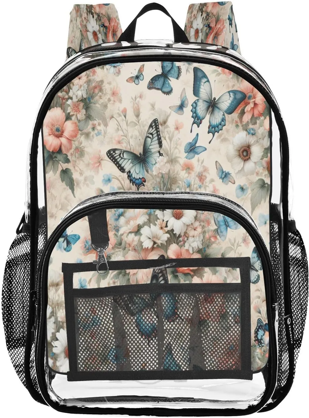 Artistic Butterfly Flowers Clear Backpack with Back Print, Heavy Duty See Through Backpacks PVC Transparent Daypack for Travel Security