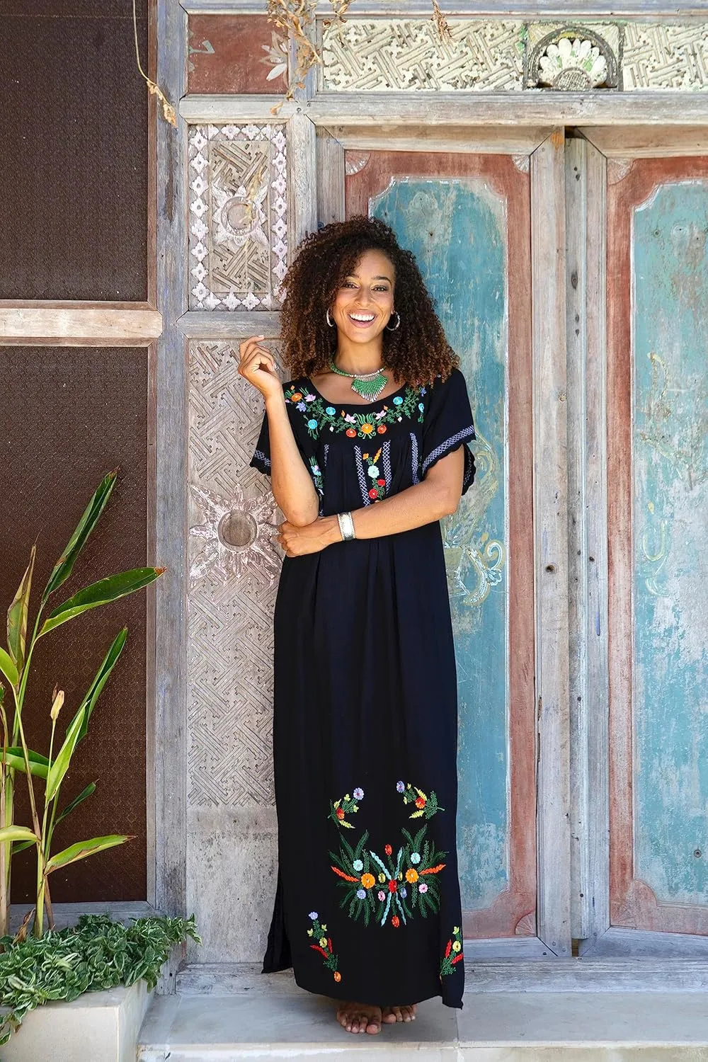 Back From Bali Womens Long Mexican Embroidered Dress Maxi Boho Floral Summer Short Sleeve Kaftan Rayon