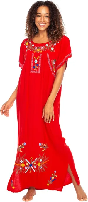 Back From Bali Womens Long Mexican Embroidered Dress Maxi Boho Floral Summer Short Sleeve Kaftan Rayon