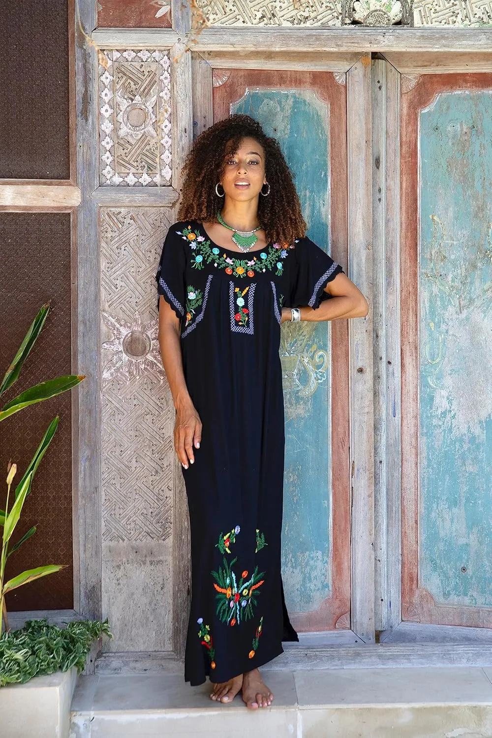 Back From Bali Womens Long Mexican Embroidered Dress Maxi Boho Floral Summer Short Sleeve Kaftan Rayon