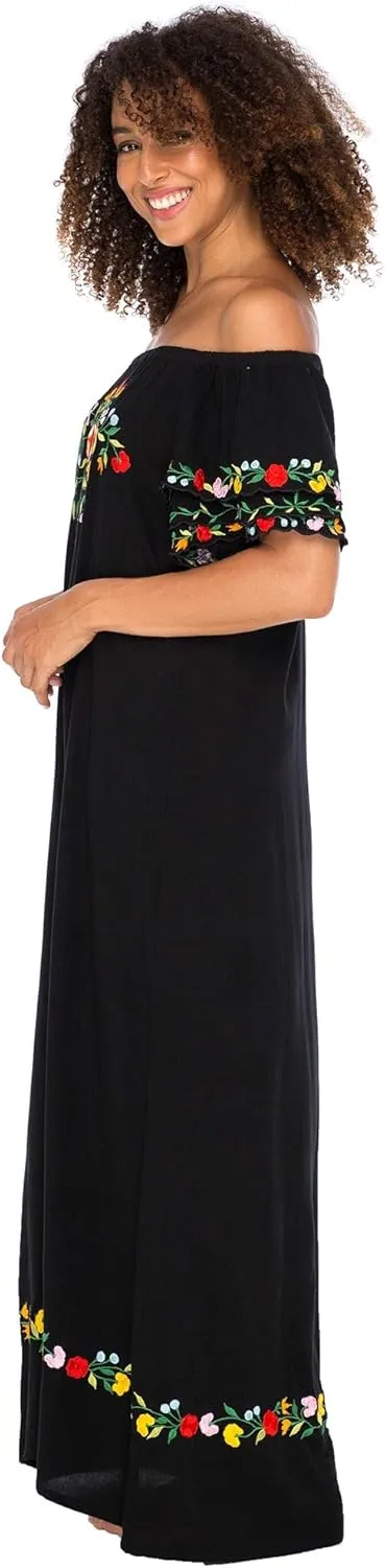 Back From Bali Womens Off Shoulder Long Mexican Embroidered Dress Maxi Boho Floral Summer Peasant Dress