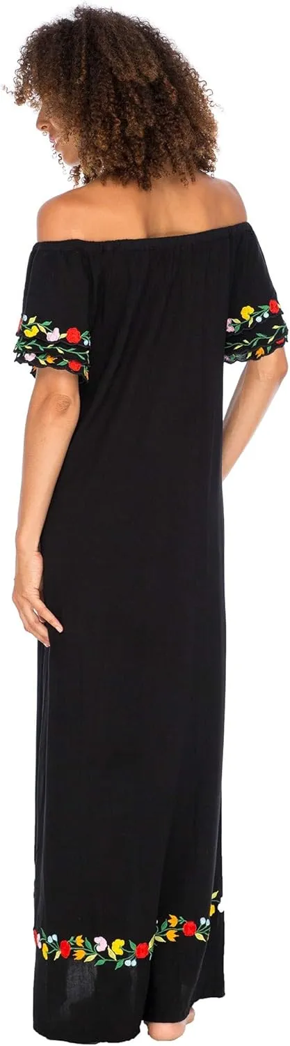 Back From Bali Womens Off Shoulder Long Mexican Embroidered Dress Maxi Boho Floral Summer Peasant Dress