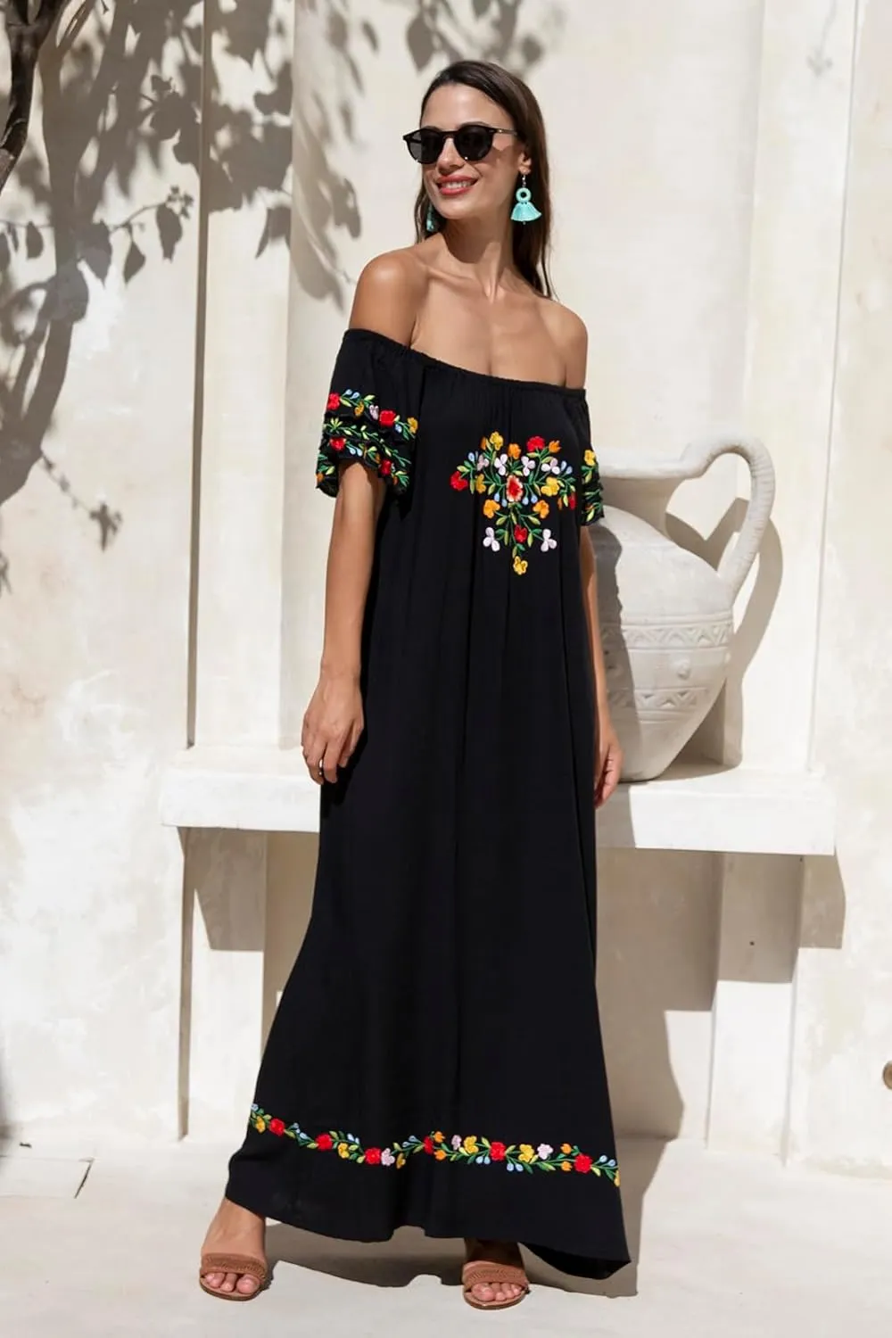 Back From Bali Womens Off Shoulder Long Mexican Embroidered Dress Maxi Boho Floral Summer Peasant Dress