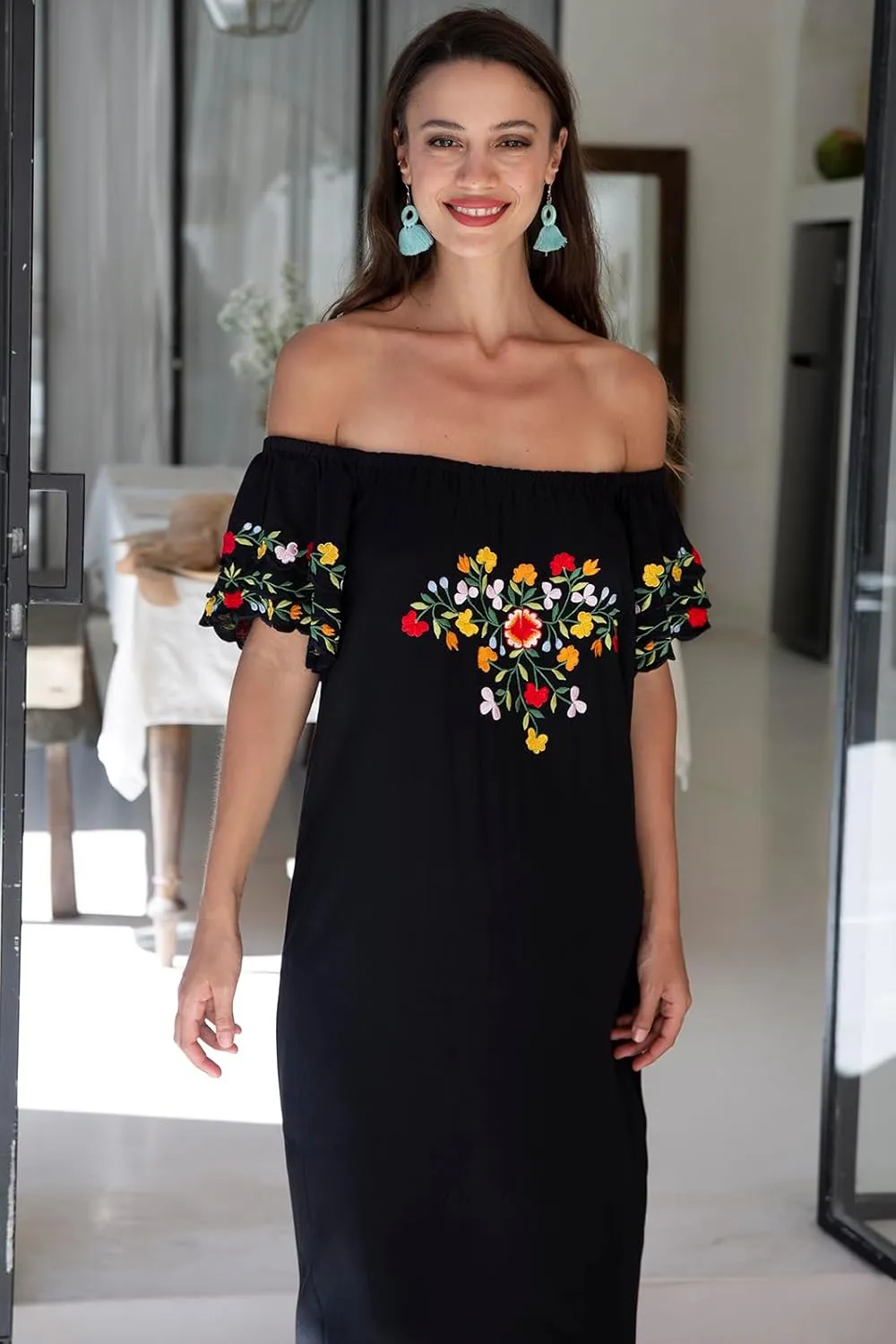 Back From Bali Womens Off Shoulder Long Mexican Embroidered Dress Maxi Boho Floral Summer Peasant Dress