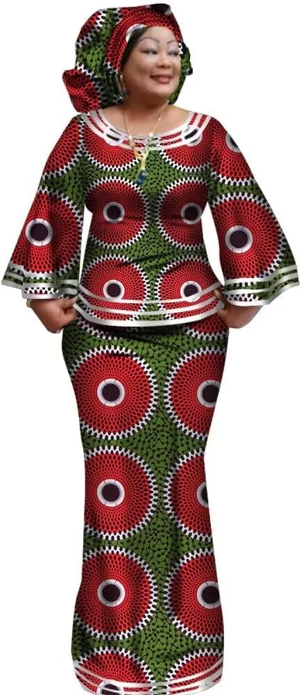 BAZINRICHE Women African Dresses Clothing Ankara Bazin Riche Dress Womens Skirts Set Print Dashiki Top with Headscarf