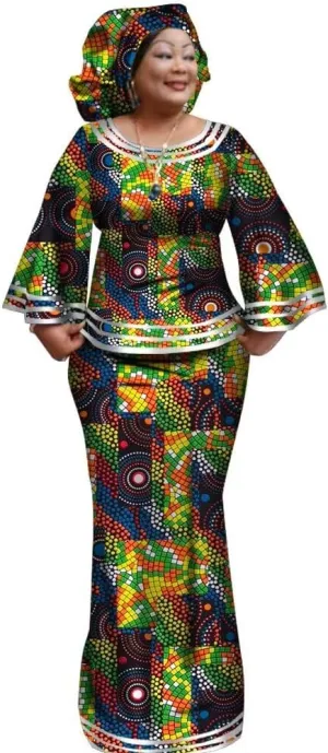 BAZINRICHE Women African Dresses Clothing Ankara Bazin Riche Dress Womens Skirts Set Print Dashiki Top with Headscarf