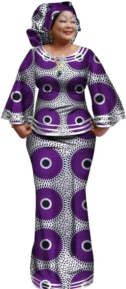 BAZINRICHE Women African Dresses Clothing Ankara Bazin Riche Dress Womens Skirts Set Print Dashiki Top with Headscarf