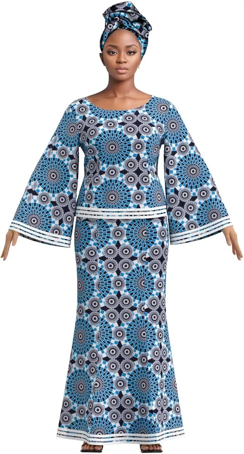 BAZINRICHE Women African Dresses Clothing Ankara Bazin Riche Dress Womens Skirts Set Print Dashiki Top with Headscarf
