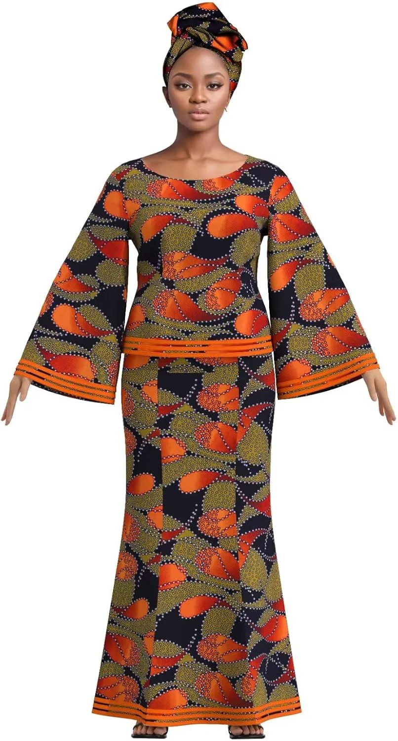 BAZINRICHE Women African Dresses Clothing Ankara Bazin Riche Dress Womens Skirts Set Print Dashiki Top with Headscarf