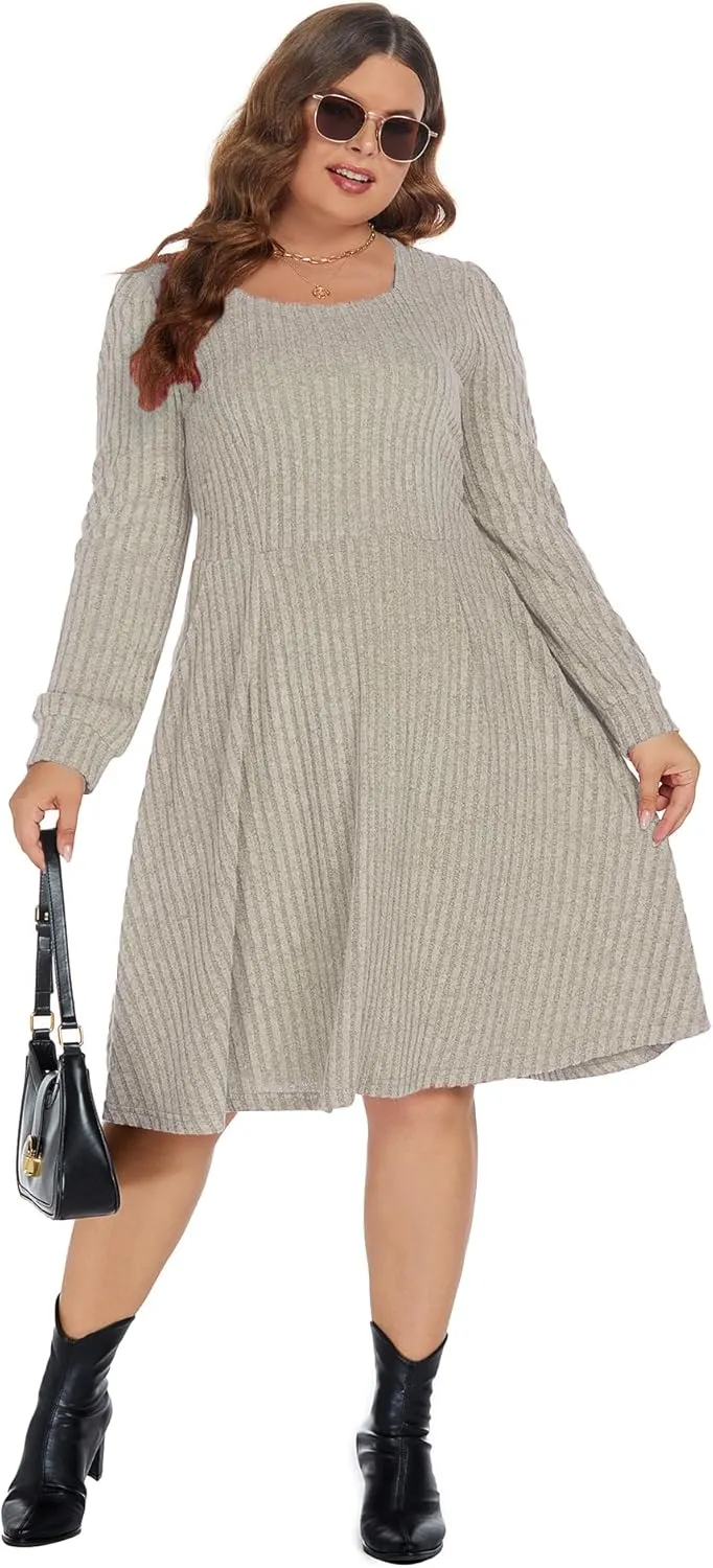BEDOAR Plus Size Square-Neck Dress Long Sleeve Stretchy Comfy Casual Fall/Winter Dress with Pockets