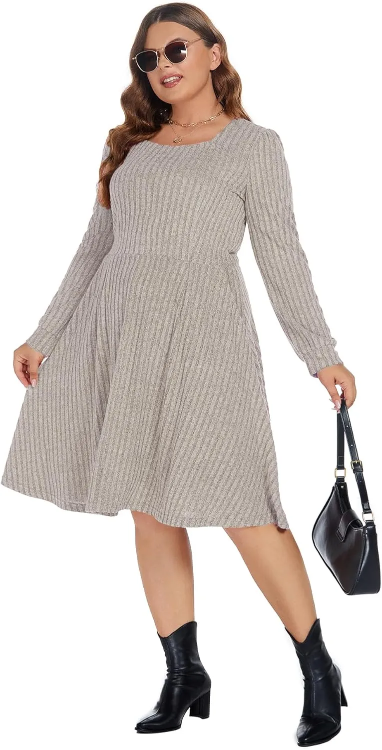 BEDOAR Plus Size Square-Neck Dress Long Sleeve Stretchy Comfy Casual Fall/Winter Dress with Pockets