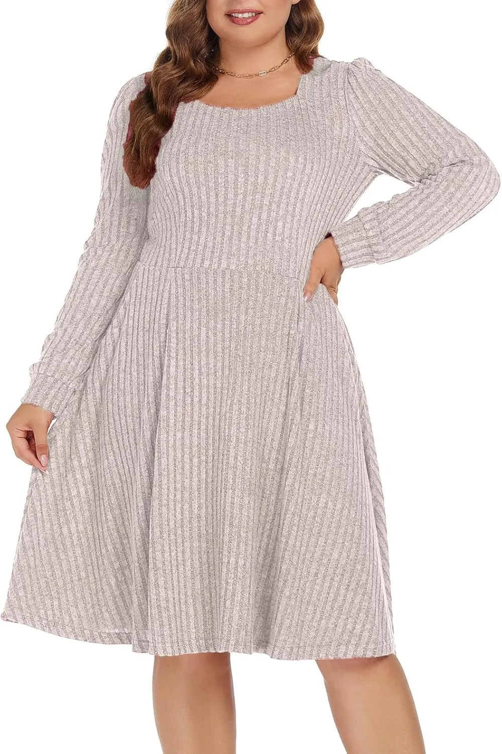 BEDOAR Plus Size Square-Neck Dress Long Sleeve Stretchy Comfy Casual Fall/Winter Dress with Pockets