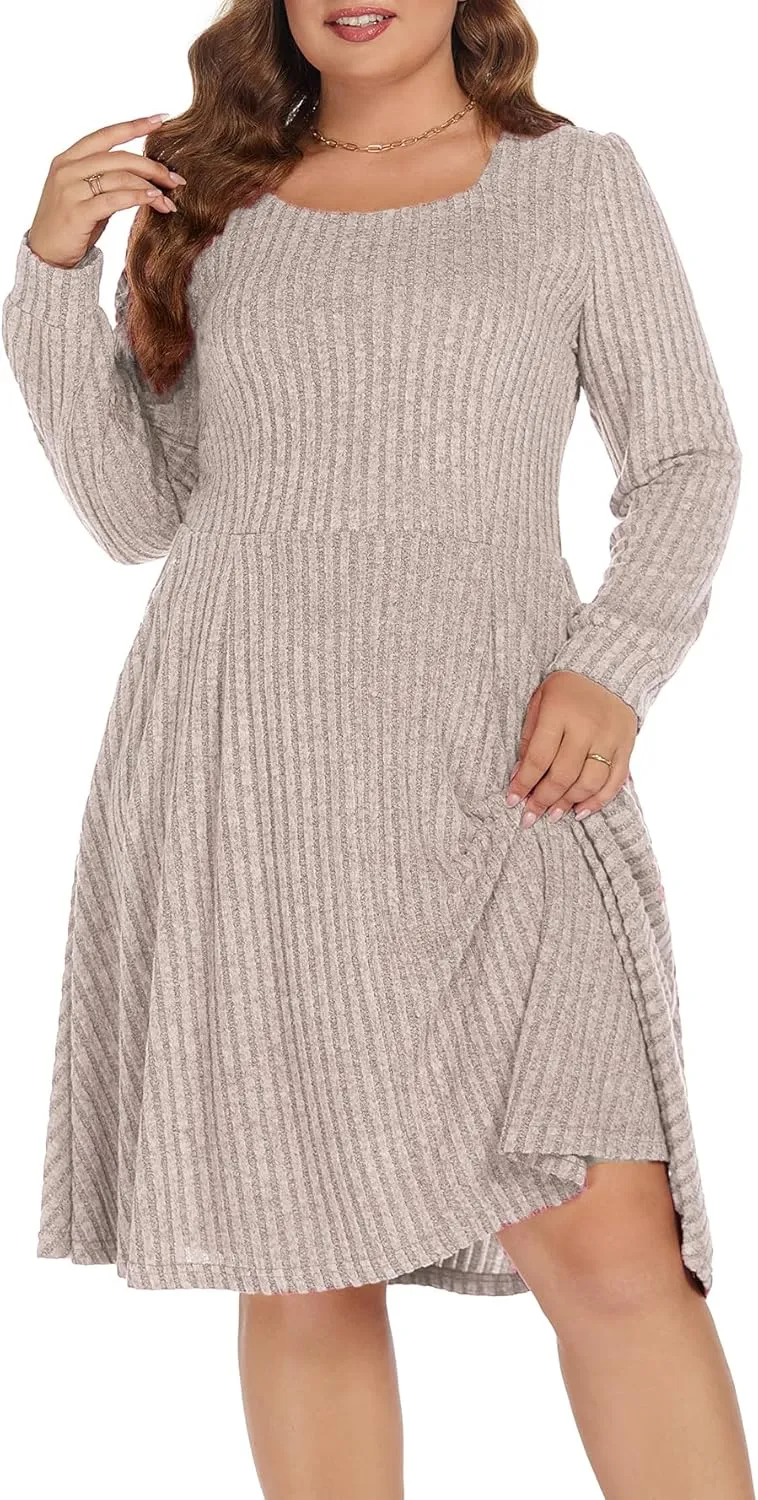 BEDOAR Plus Size Square-Neck Dress Long Sleeve Stretchy Comfy Casual Fall/Winter Dress with Pockets