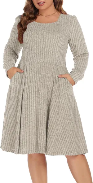 BEDOAR Plus Size Square-Neck Dress Long Sleeve Stretchy Comfy Casual Fall/Winter Dress with Pockets