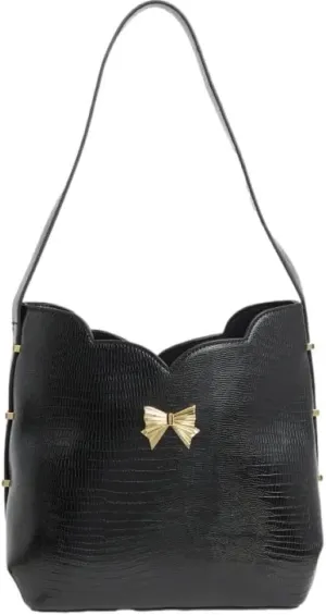 Betsey Johnson Gemma Black Crocodile Embossed Scalloped Top Faux Leather Triple Entry Gold Metal Tone Bow Detail Shoulder Bag