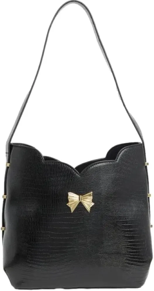 Betsey Johnson Gemma Black Crocodile Embossed Scalloped Top Faux Leather Triple Entry Gold Metal Tone Bow Detail Shoulder Bag