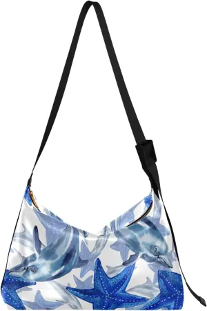 Blue Starfish And Dolphin Soft Leather Hobo Bags for Women Large Purse Crossbody Art Animal Print Shoulder Purses