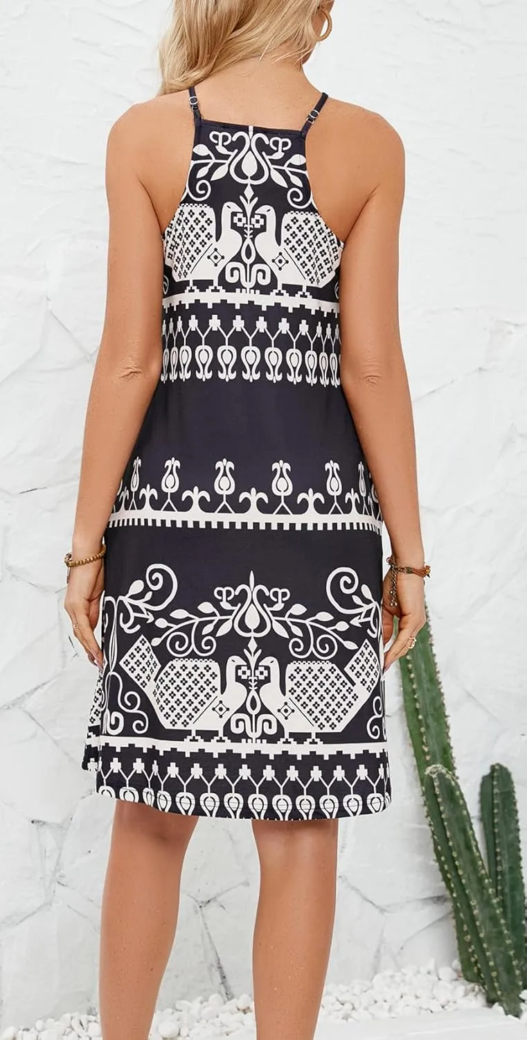Bluetime Womens Summer Casual Halter Dress Crochet Hollow Out A-line Floral Boho Beach Sundresses with Pockets