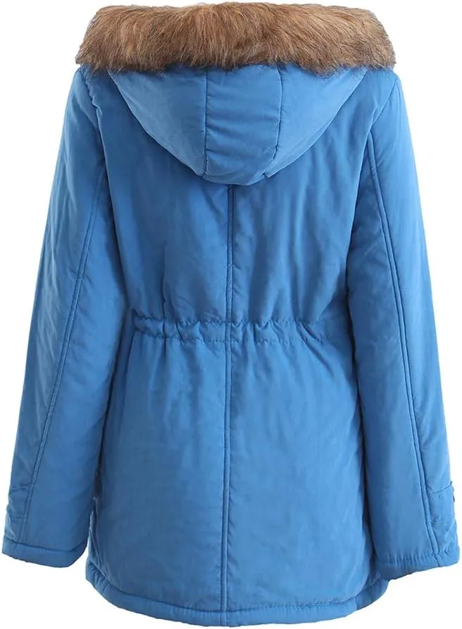 BOFETA Womens Solid Thickened Hooded Jackets Drawstring Zipper Warm Coats With Inner Fur Lined