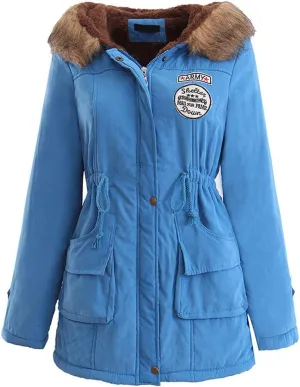 BOFETA Womens Solid Thickened Hooded Jackets Drawstring Zipper Warm Coats With Inner Fur Lined