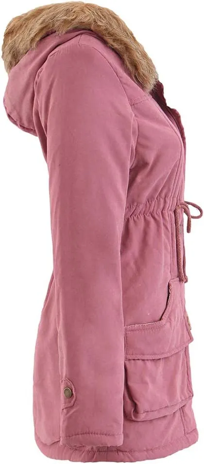BOFETA Womens Solid Thickened Hooded Jackets Drawstring Zipper Warm Coats With Inner Fur Lined