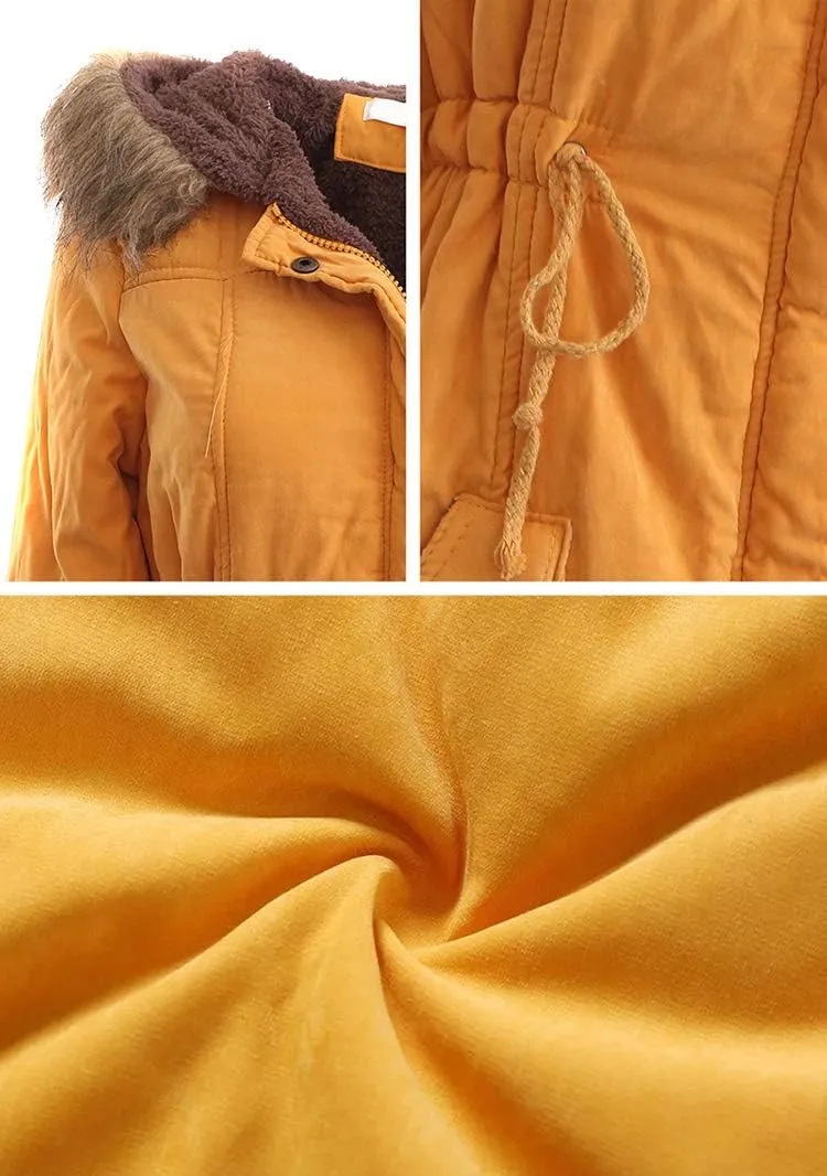 BOFETA Womens Solid Thickened Hooded Jackets Drawstring Zipper Warm Coats With Inner Fur Lined