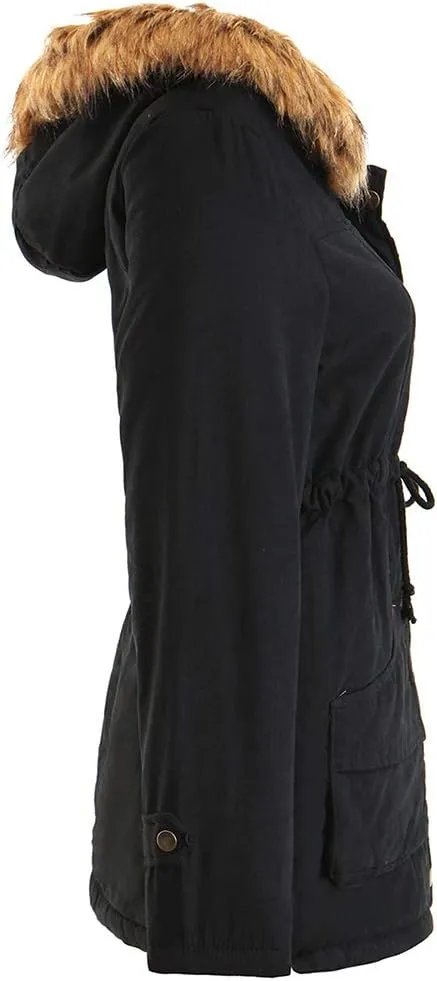 BOFETA Womens Solid Thickened Hooded Jackets Drawstring Zipper Warm Coats With Inner Fur Lined