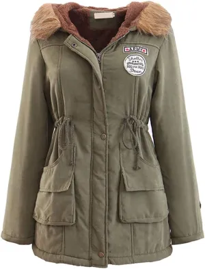 BOFETA Womens Solid Thickened Hooded Jackets Drawstring Zipper Warm Coats With Inner Fur Lined