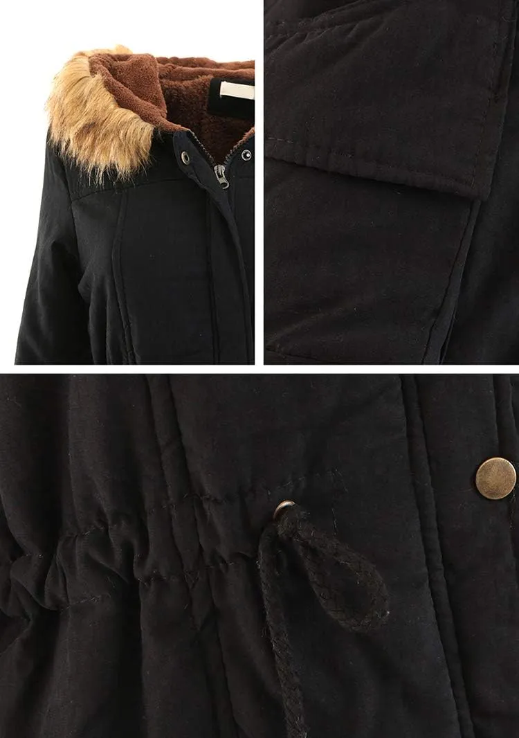 BOFETA Womens Solid Thickened Hooded Jackets Drawstring Zipper Warm Coats With Inner Fur Lined