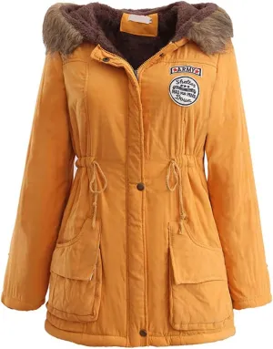 BOFETA Womens Solid Thickened Hooded Jackets Drawstring Zipper Warm Coats With Inner Fur Lined