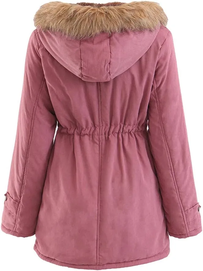 BOFETA Womens Solid Thickened Hooded Jackets Drawstring Zipper Warm Coats With Inner Fur Lined