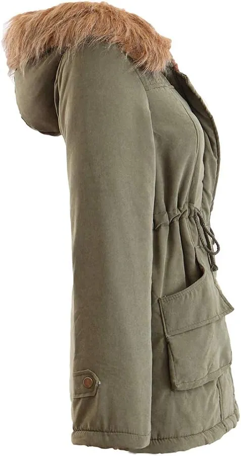 BOFETA Womens Solid Thickened Hooded Jackets Drawstring Zipper Warm Coats With Inner Fur Lined
