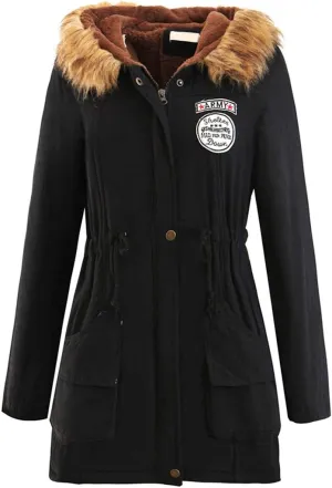 BOFETA Womens Solid Thickened Hooded Jackets Drawstring Zipper Warm Coats With Inner Fur Lined