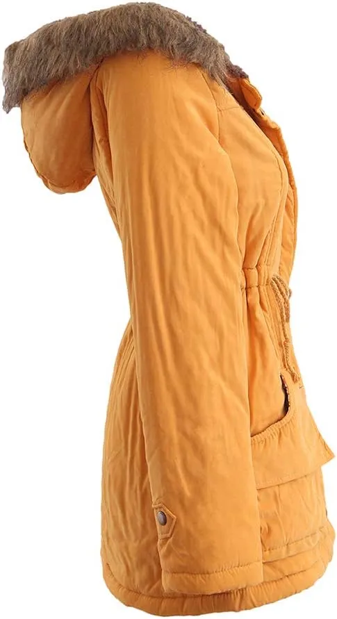 BOFETA Womens Solid Thickened Hooded Jackets Drawstring Zipper Warm Coats With Inner Fur Lined