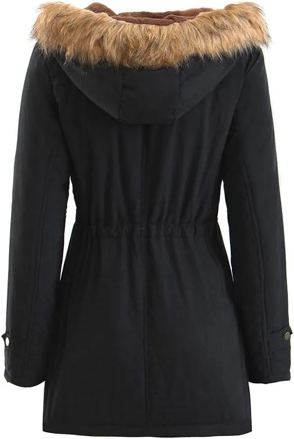 BOFETA Womens Solid Thickened Hooded Jackets Drawstring Zipper Warm Coats With Inner Fur Lined