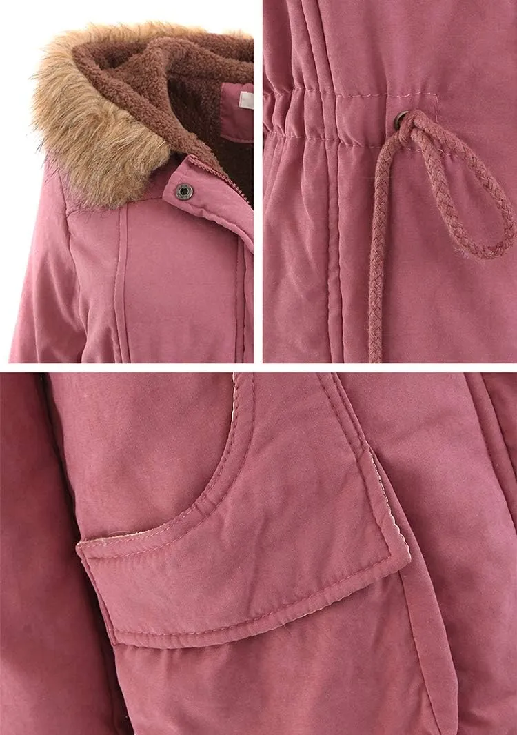 BOFETA Womens Solid Thickened Hooded Jackets Drawstring Zipper Warm Coats With Inner Fur Lined