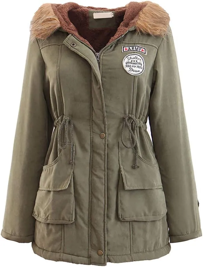 BOFETA Womens Solid Thickened Hooded Jackets Drawstring Zipper Warm Coats With Inner Fur Lined