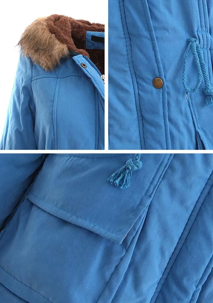 BOFETA Womens Solid Thickened Hooded Jackets Drawstring Zipper Warm Coats With Inner Fur Lined