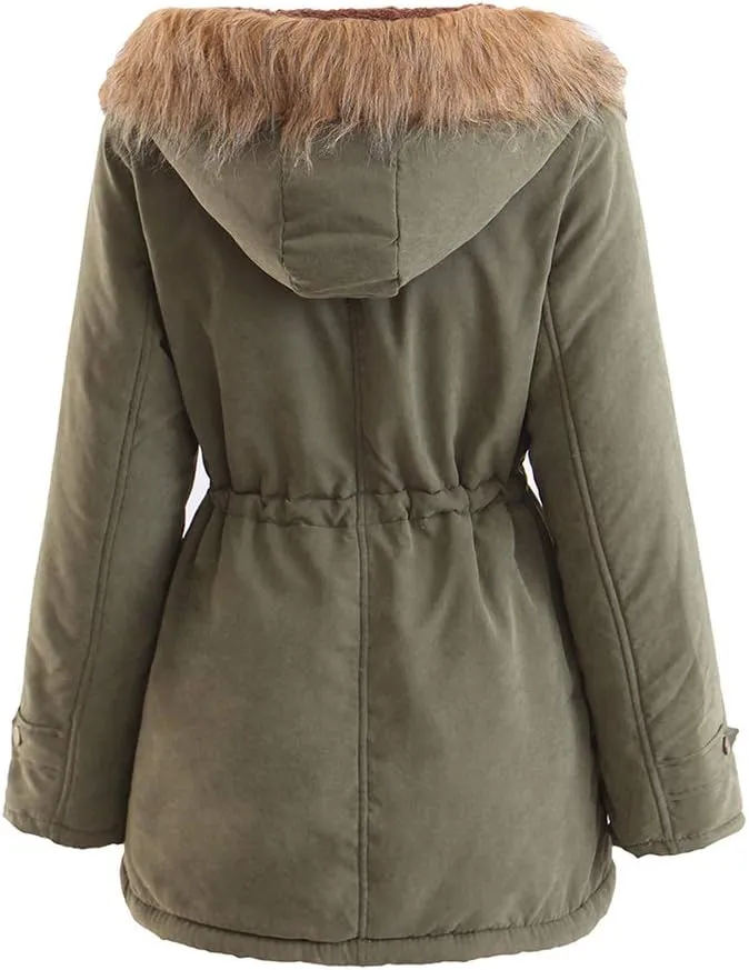 BOFETA Womens Solid Thickened Hooded Jackets Drawstring Zipper Warm Coats With Inner Fur Lined
