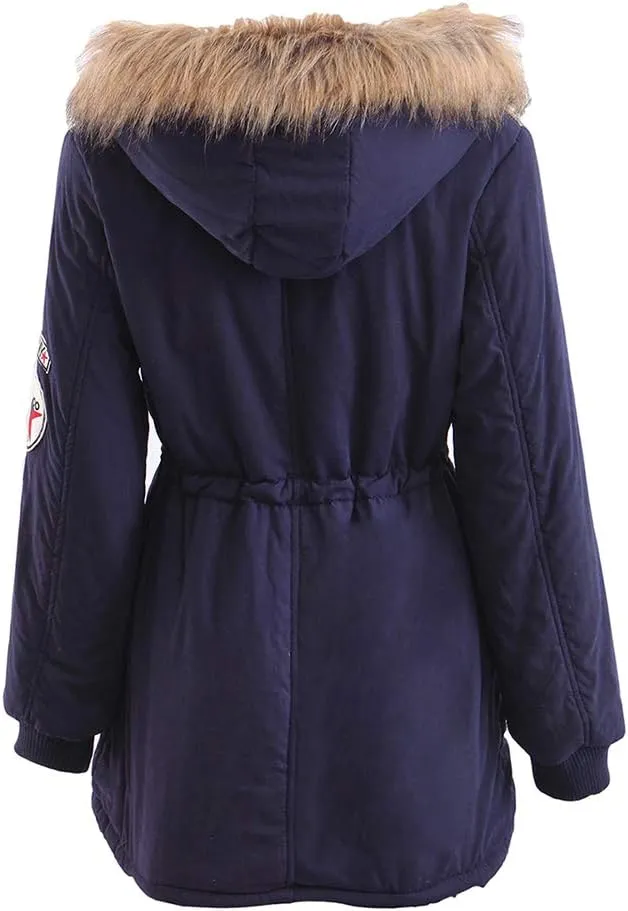 BOFETA Womens Solid Thickened Hooded Jackets Drawstring Zipper Warm Coats With Inner Fur Lined