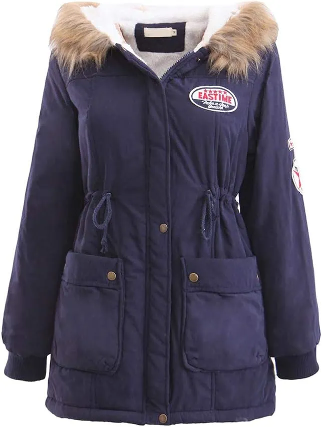 BOFETA Womens Solid Thickened Hooded Jackets Drawstring Zipper Warm Coats With Inner Fur Lined