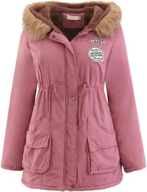 BOFETA Womens Solid Thickened Hooded Jackets Drawstring Zipper Warm Coats With Inner Fur Lined