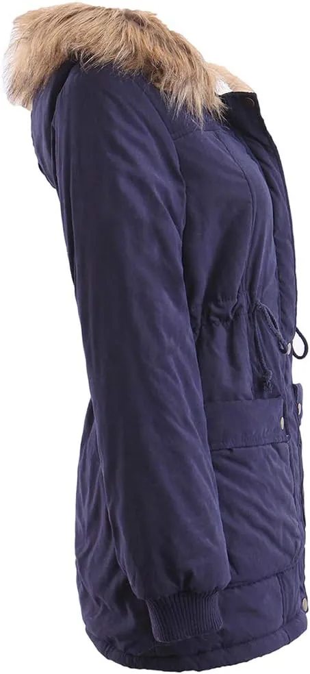 BOFETA Womens Solid Thickened Hooded Jackets Drawstring Zipper Warm Coats With Inner Fur Lined