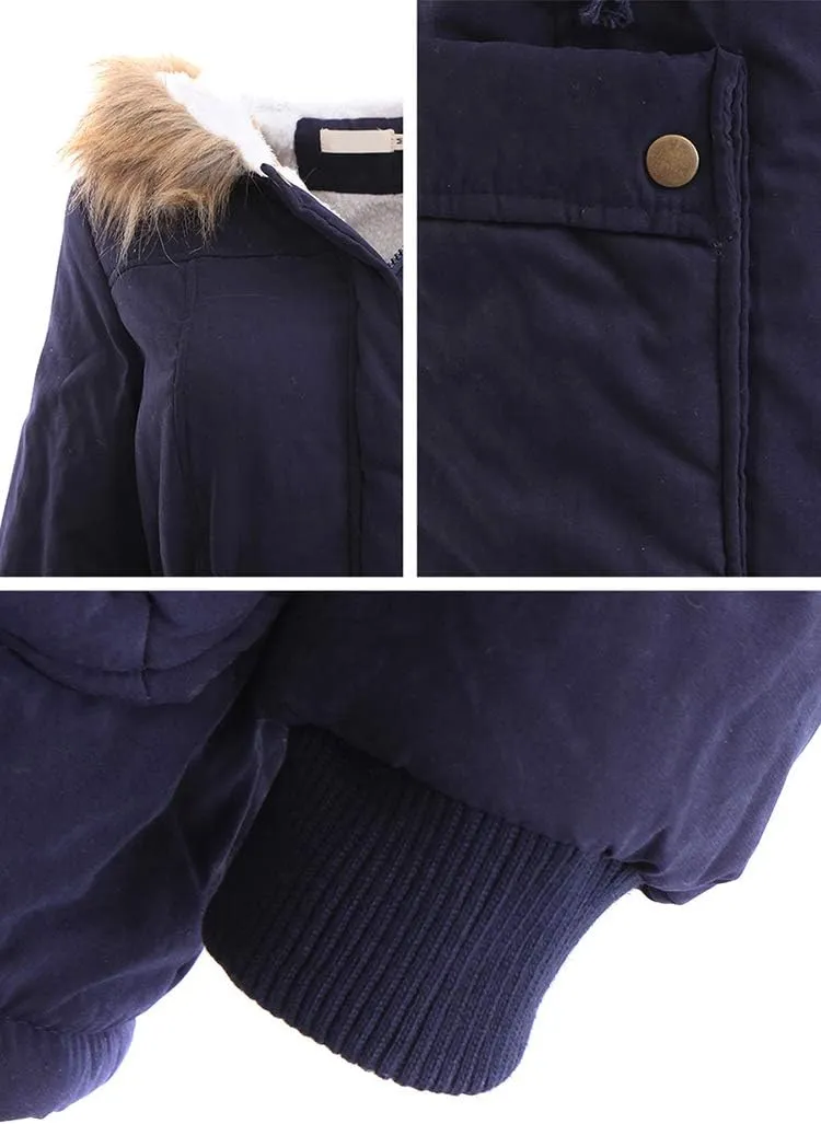BOFETA Womens Solid Thickened Hooded Jackets Drawstring Zipper Warm Coats With Inner Fur Lined