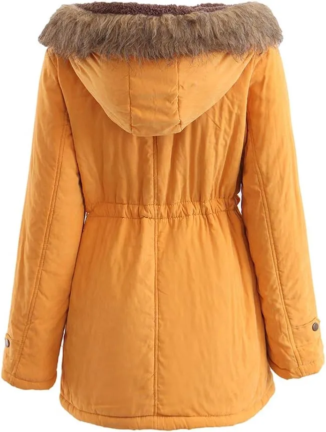 BOFETA Womens Solid Thickened Hooded Jackets Drawstring Zipper Warm Coats With Inner Fur Lined