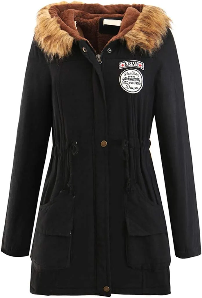 BOFETA Womens Solid Thickened Hooded Jackets Drawstring Zipper Warm Coats With Inner Fur Lined