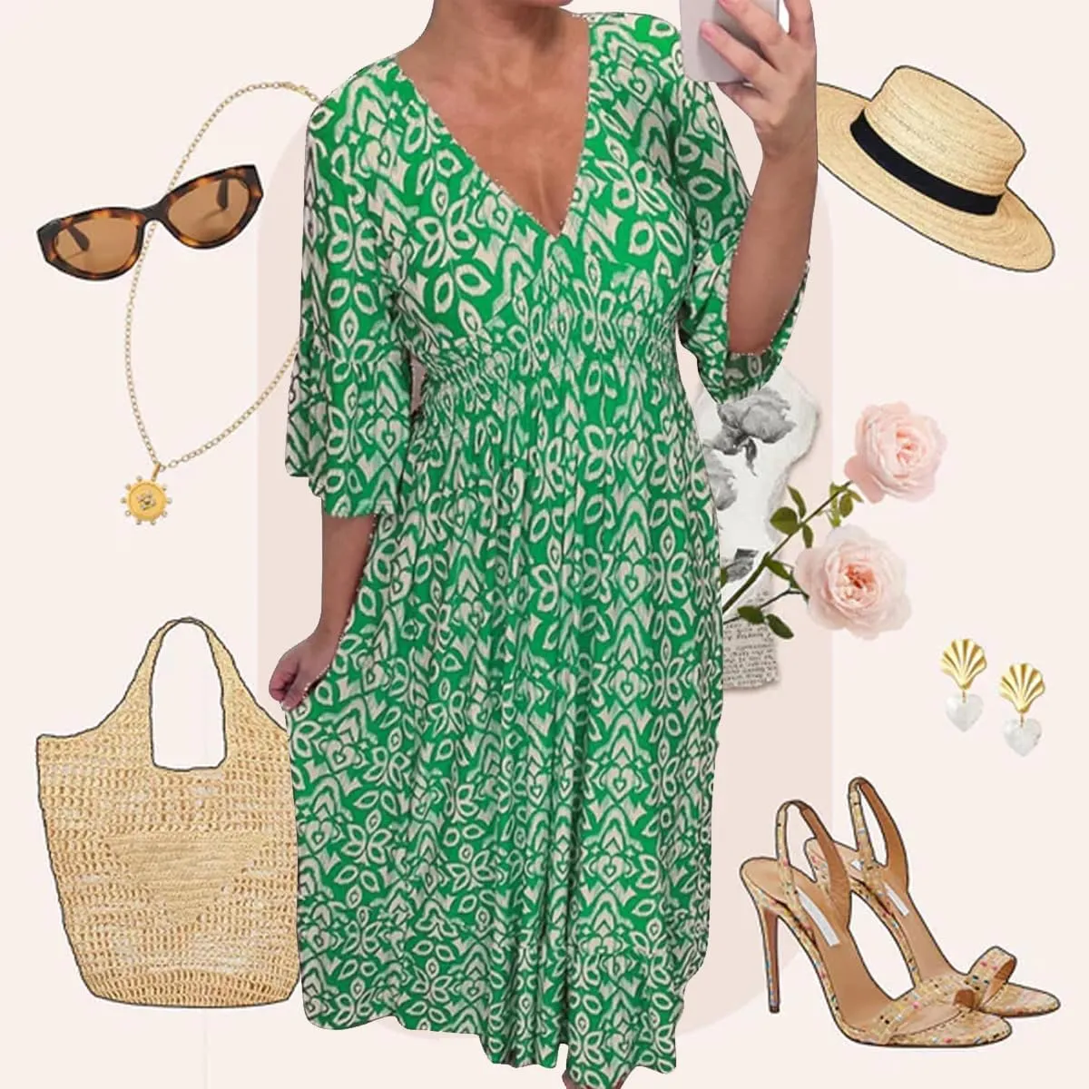 Bohemian Casual Print V-Neck Waist Wrap Long Dress, Plus Size Summer V Neck Floral Dress for Women, Bohemian 3/4 Sleeve