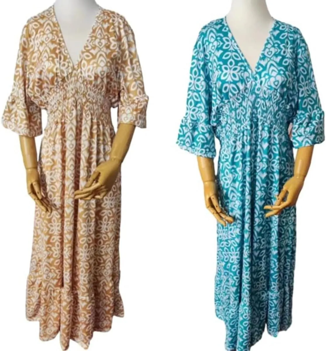 Bohemian Casual Print V-Neck Waist Wrap Long Dress, Plus Size Summer V Neck Floral Dress for Women, Bohemian 3/4 Sleeve